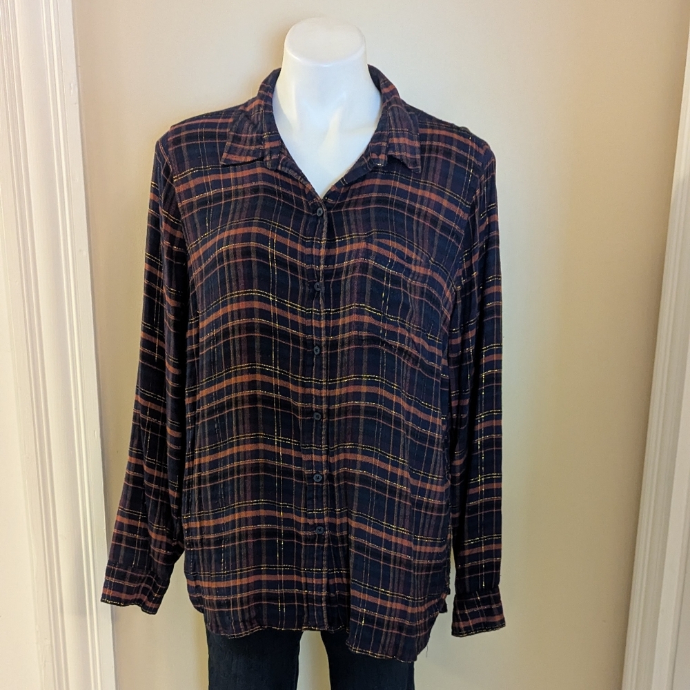 Lucky Brand navy blue orange and gold button down plaid top size L